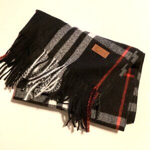 Cashmere Blend Soft Scarf Shawl With Fringe Black White Plaid Classic Warm
